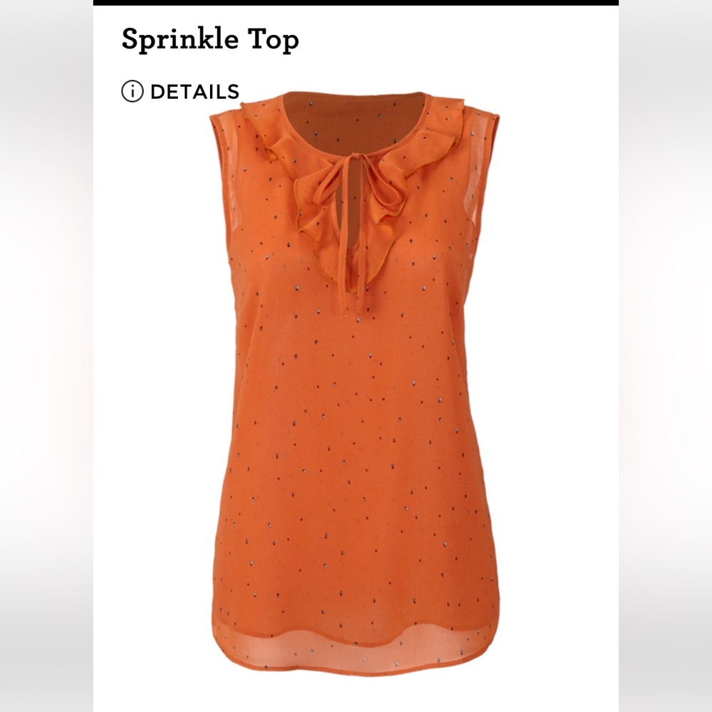 CAbi l #3764 Sprinkle Top. Orange Sleeveless Top with Polka Dots